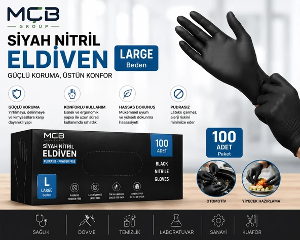 Siyah Nitril Eldiven Large (L) Beden 100'lü Paket Pudrasız Tek Kullanımlık Muayene Eldiveni ürün görseli 1