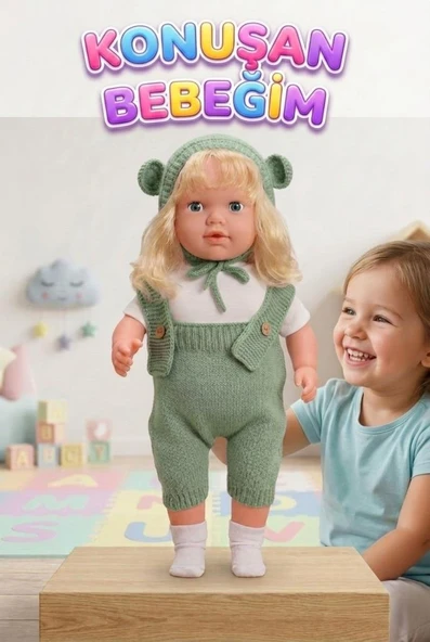 Konuşan Bebeğim 60 cm Türkçe Konuşan Örgü Tulum ve Şapkalı Kafası Bacakları Kolları Et Oyuncak Bebek ürün görseli 1