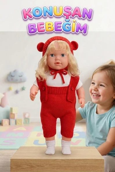 Konuşan Bebeğim 60 cm Türkçe Konuşan Örgü Tulum ve Şapkalı Kafası Bacakları Kolları Et Oyuncak Bebek ürün görseli 1