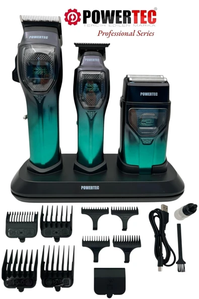 Powertec TR-5900 Saç-Sakal-Ense-Günlük Tıraş Makinesi 3'lü Set Yeşil ürün görseli 1