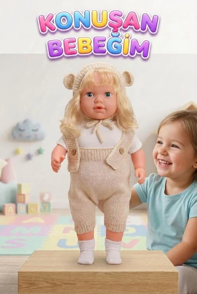 Konuşan Bebeğim 60 cm Türkçe Konuşan Örgü Tulum ve Şapkalı Kafası Bacakları Kolları Et Oyuncak Bebek ürün görseli 1