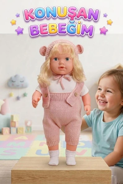 Konuşan Bebeğim 60 cm Türkçe Konuşan Örgü Tulum ve Şapkalı Kafası Bacakları Kolları Et Oyuncak Bebek ürün görseli 1