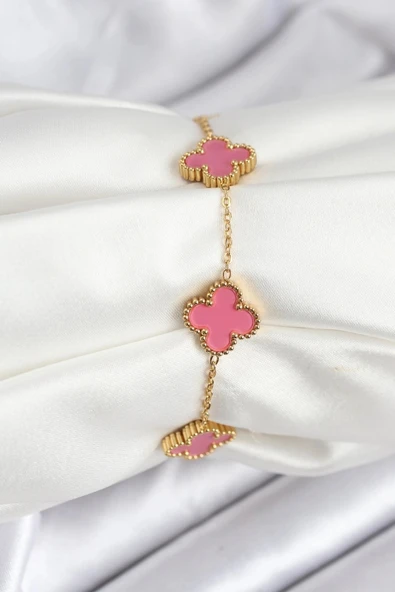 Nevamel® 316L Çelik Gold Zincir Pembe Yonca Renk Bileklik 5886 ürün görseli 1