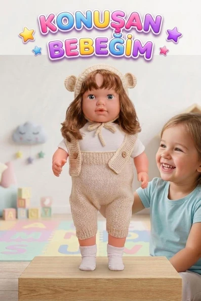 Konuşan Bebeğim 60 cm Türkçe Konuşan Örgü Tulum ve Şapkalı Kafası Bacakları Kolları Et Oyuncak Bebek ürün görseli 1