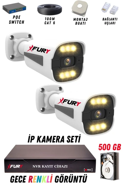 FURY 2 Kameralı Ip Güvenlik Kamerası Seti 4mp Gece Renkli Su Geçirmez 1506 500GB ürün görseli 1