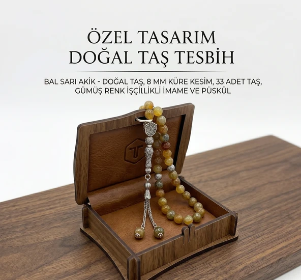 Hakiki Bal Sarısı Akik Taşı Erkek Tesbih 33lü Küre Kesim Özel Tasarım Kutulu ürün görseli 1