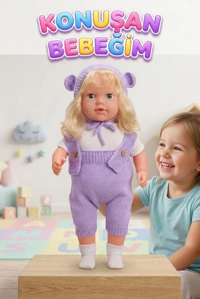 Konuşan Bebeğim 60 cm Türkçe Konuşan Örgü Tulum ve Şapkalı Kafası Bacakları Kolları Et Oyuncak Bebek ürün görseli 1