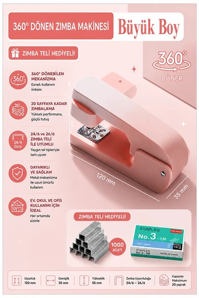 Pembe Zımba Makinesi 24/6 1 Adet Fixpoint P-4550 Pastel Renkler Büyük Zımba Makinası ve Teli 20 25 Sayfa Dereceli Ofis ürün görseli 1