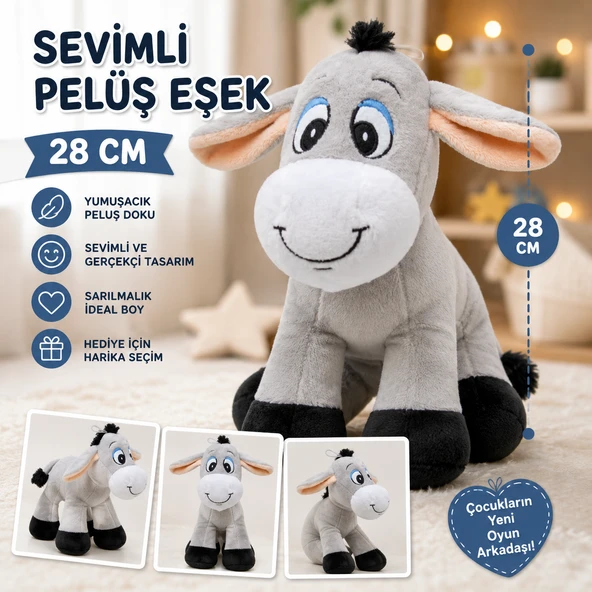 Sevimli Peluş Eşek 28 CM Yumuşacık Sarılmalık Gri Peluş Oyuncak ürün görseli 1