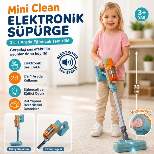 Mini Clean Elektronik Oyuncak Süpürge Sesli 2’si 1 Arada Çocuk Süpürgesi Eğitici Evcilik Oyuncağı ürün görseli 1