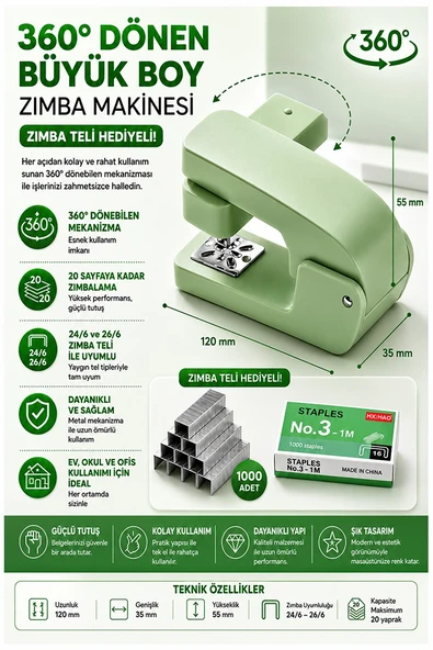 Yeşil Zımba Makinesi 24/6 1 Adet Fixpoint P-4550 Pastel Renkler Büyük Zımba Makinası ve Teli 20 25 Sayfa Dereceli Ofis ürün görseli 1