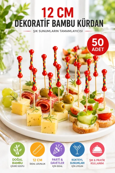 50 Adet Dekoratif Kırmızı Örgülü Bambu Kürdan 12 cm Kokteyl Parti Kanepe Sunum Çubuğu Seti Paket ürün görseli 1