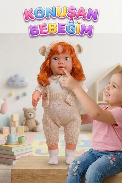 Konuşan Bebeğim 60 cm Türkçe Konuşan Örgü Tulum ve Şapkalı Kafası Bacakları Kolları Et Oyuncak Bebek ürün görseli 1