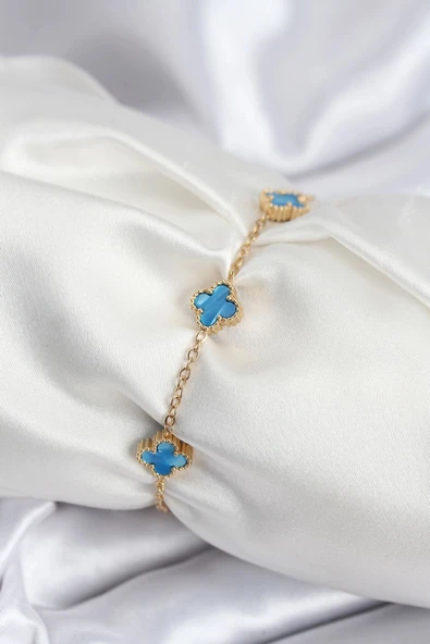 Nevamel® 316L Çelik Gold Renk Buz Mavisi Baby Boy Yonca Kadın Bileklik 5886 ürün görseli 1
