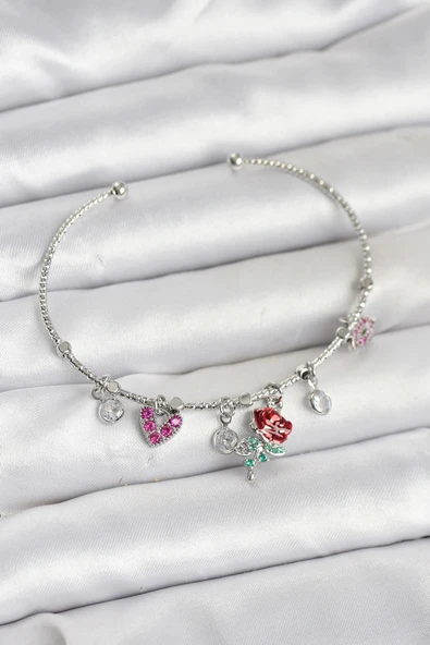 Nevamel® Gül Charmlı Gümüş Renk Pirinç Kadın Bileklik 5886 ürün görseli 1