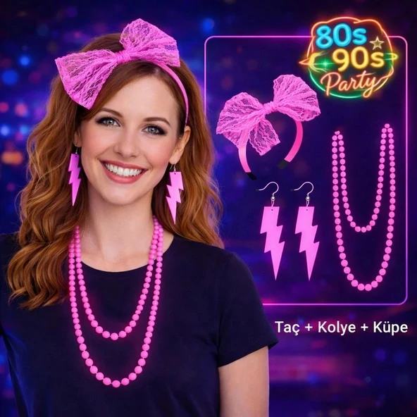 80’ler 90’lar Neon Pembe Parti Seti – Kolye Küpe Taç ürün görseli 1