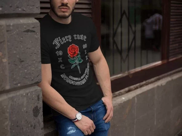 Erkek Bisiklet Yaka Baskılı Oversize T-Shirt - Siyah ürün görseli 1