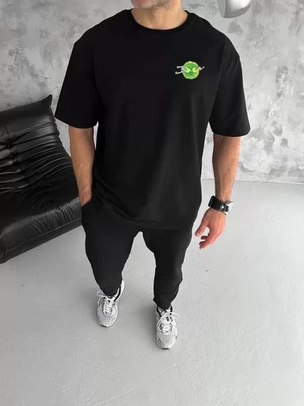 Unisex Bisiklet Yaka Baskılı Oversize T-Shirt - Siyah ürün görseli 1