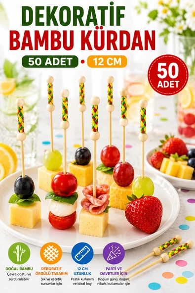 50 Adet Dekoratif Sarı Örgülü Bambu Kürdan 12 cm Parti Davet Kokteyl Meyve Sunum Kürdanı Seti Paket ürün görseli 1
