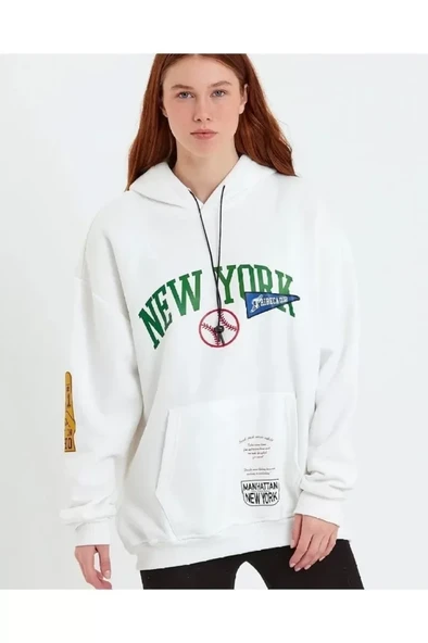 Baskılı Kapüşonlu Sweatshirt - Beyaz ürün görseli 1