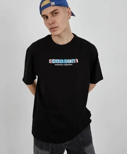 Unisex Bisiklet Yaka Baskılı Oversize T-Shirt - Siyah ürün görseli 1