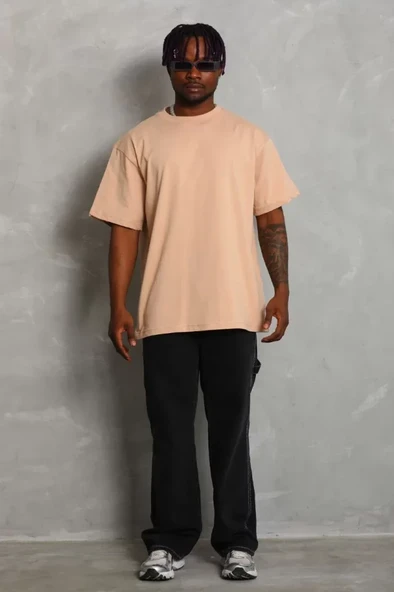 Unisex Oversize Düz Bisiklet Yaka T-Shirt - Bej ürün görseli 1