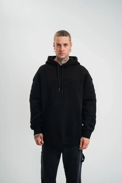 Double Oversize Kapşonlu Nakışlı SweatShirt - Siyah ürün görseli 1