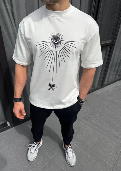 Unisex Bisiklet Yaka Baskılı Oversize T-Shirt - Beyaz ürün görseli 1