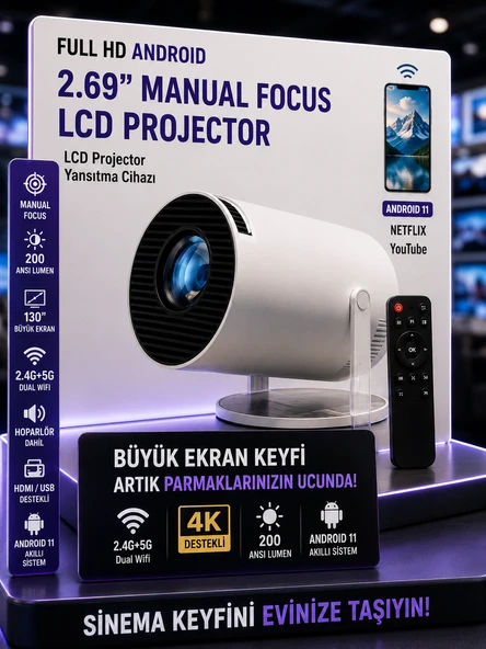Android WiFi 4K UHD Projektör 2.69 İnç LCD 2.4G+5G Projeksiyon Kumandalı Ev Sinema Sistemi ürün görseli 1