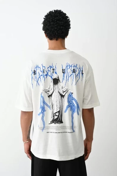 Unisex Baskılı Oversize T-Shirt - Beyaz ürün görseli 1