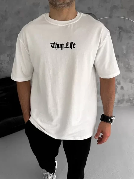 Unisex Bisiklet Yaka Baskılı Oversize T-Shirt - Beyaz ürün görseli 1