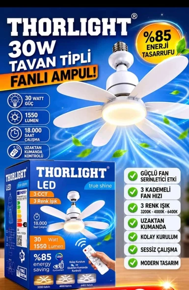 Thorlight Pervaneli Fanlı Led Ampul  30w Bakır Sargı Kumandalı ürün görseli 1
