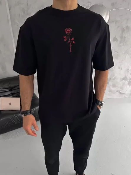 Unisex Bisiklet Yaka Baskılı Oversize T-Shirt - Siyah ürün görseli 1