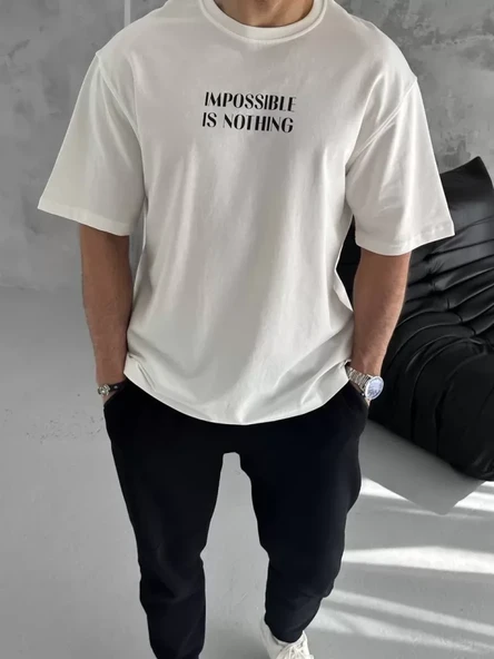 Unisex Bisiklet Yaka Baskılı Oversize T-Shirt - Beyaz ürün görseli 1