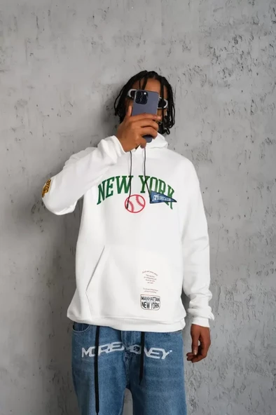 Erkek Baskılı Kapüşonlu Sweatshirt - Beyaz ürün görseli 1