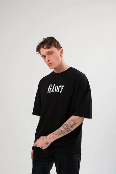Unisex Bisiklet Yaka Baskılı Oversize T-Shirt - Siyah ürün görseli 1