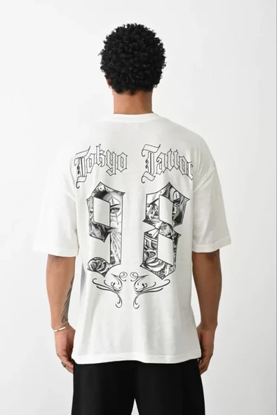Unisex Baskılı Oversize T-Shirt - Beyaz ürün görseli 1