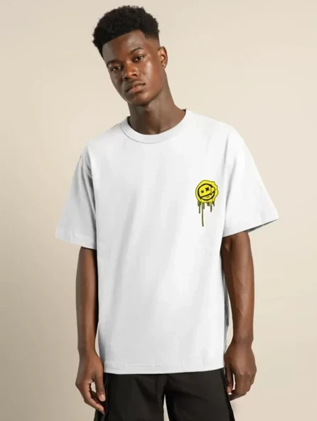 Unisex Bisiklet Yaka Baskılı Oversize T-Shirt - Beyaz ürün görseli 1
