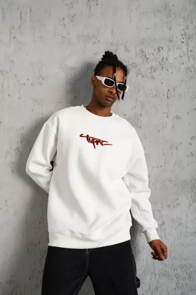 Erkek 3 İplik Gangster Baskılı Sweatshirt - Beyaz ürün görseli 1