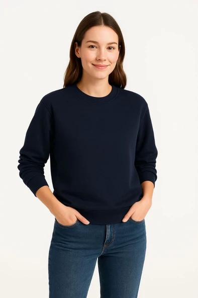 Üç İplik Düz Bisiklet Yaka SweatShirt - Lacivert ürün görseli 1