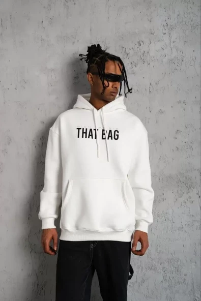 Erkek Kanguru Cep Baskılı Kapüşonlu Sweatshirt - Beyaz ürün görseli 1