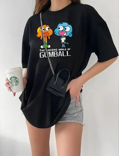 Bisiklet Yaka Baskılı Oversize T-Shirt - Siyah ürün görseli 1