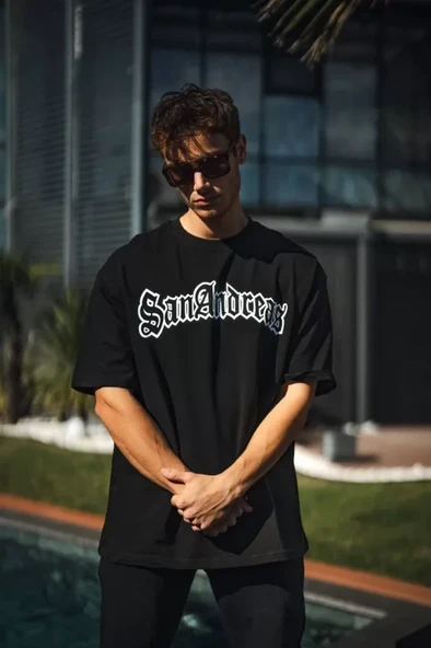 Unisex Bisiklet Yaka Baskılı Oversize T-Shirt - Siyah ürün görseli 1