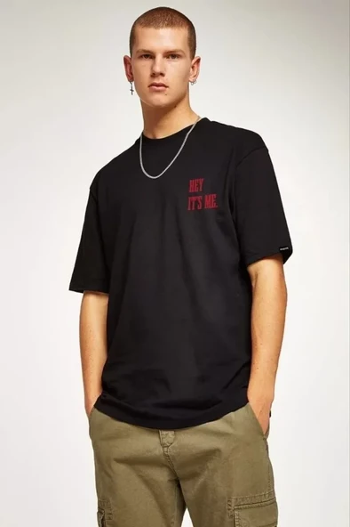 Unisex Bisiklet Yaka Oversize Baskılı T-Shirt - Siyah ürün görseli 1