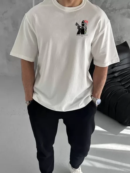 Unisex Bisiklet Yaka Baskılı Oversize T-Shirt - Beyaz ürün görseli 1