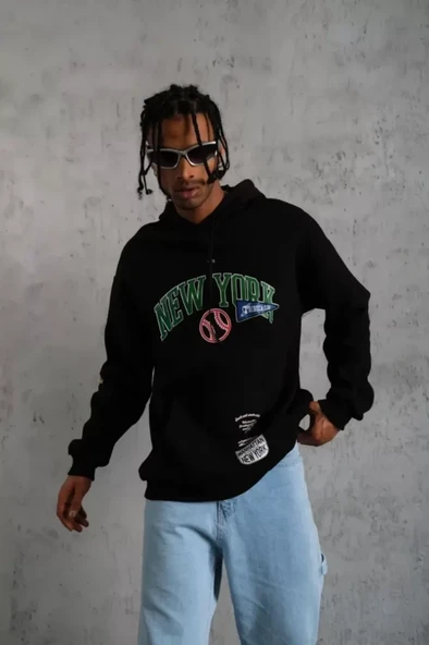 Erkek Baskılı Kapüşonlu Sweatshirt - Siyah - Resim 3