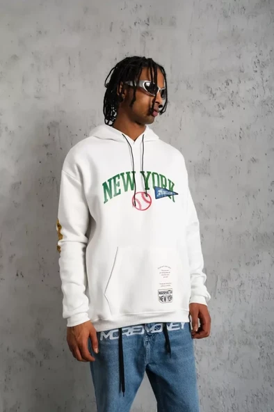 Erkek Baskılı Kapüşonlu Sweatshirt - Beyaz - Resim 4