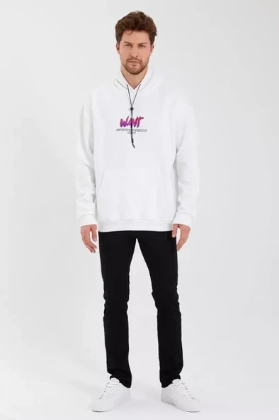 Erkek Baskılı Üç İplik Kapüşonlu Oversize Sweatshirt - Beyaz ürün görseli 1