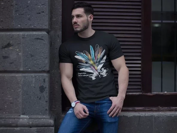 Unisex Bisiklet Yaka Baskılı Oversize T-Shirt - Siyah ürün görseli 1