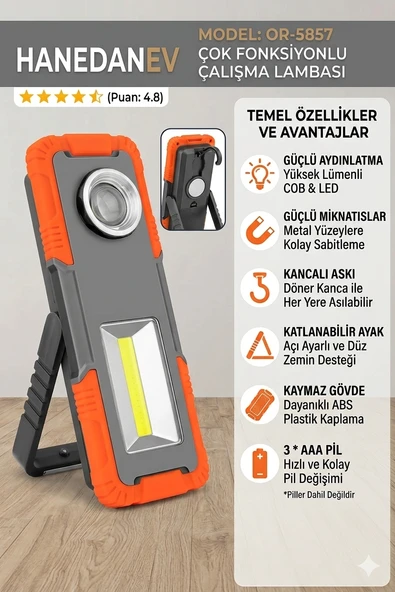 Çok Fonksiyonlu COB LED Çalışma Lambası - Mıknatıslı, Kancalı, Ayaklı Fener El Tamirci Lambası ürün görseli 1